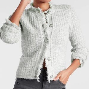 Express Gray Boucle Embellished Button Fringe Sweater Jacket